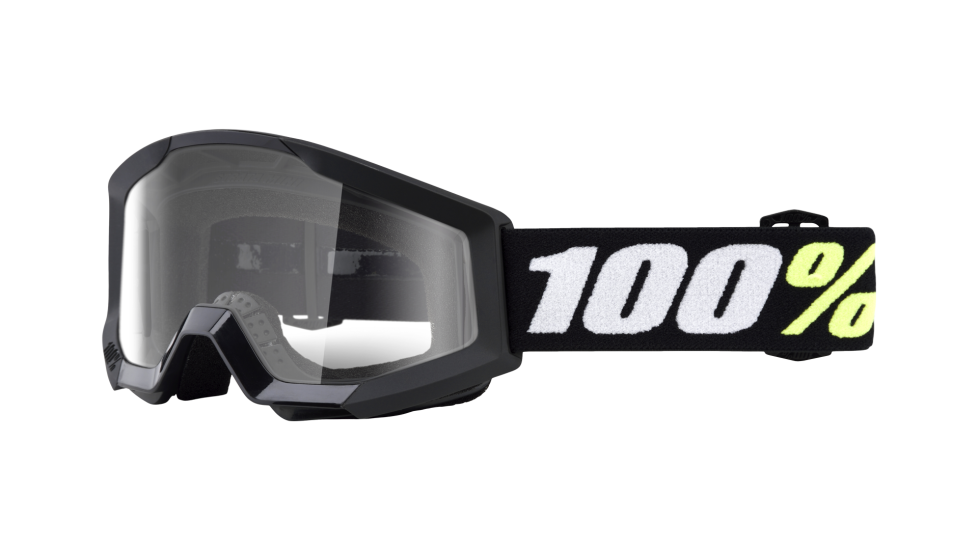 100% Strata Mini MX Goggle Black with clear lenses (quarter view)